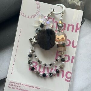 Kawaii Cat Charm Beaded Keychain with Fur Pom